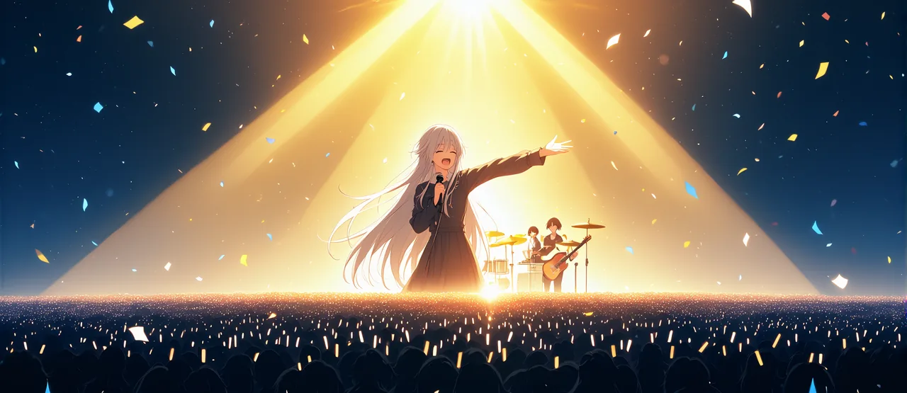 A white-haired singer on a concert stage under golden spotlights before a huge crowd