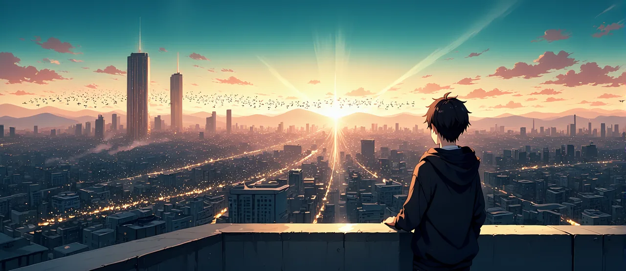 A boy on a skyscraper rooftop at dusk watching a swarm of drones scatter over a vast city