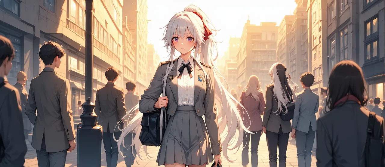 A white-haired girl in a gray military uniform walking through a sunlit city street as commuters glance back